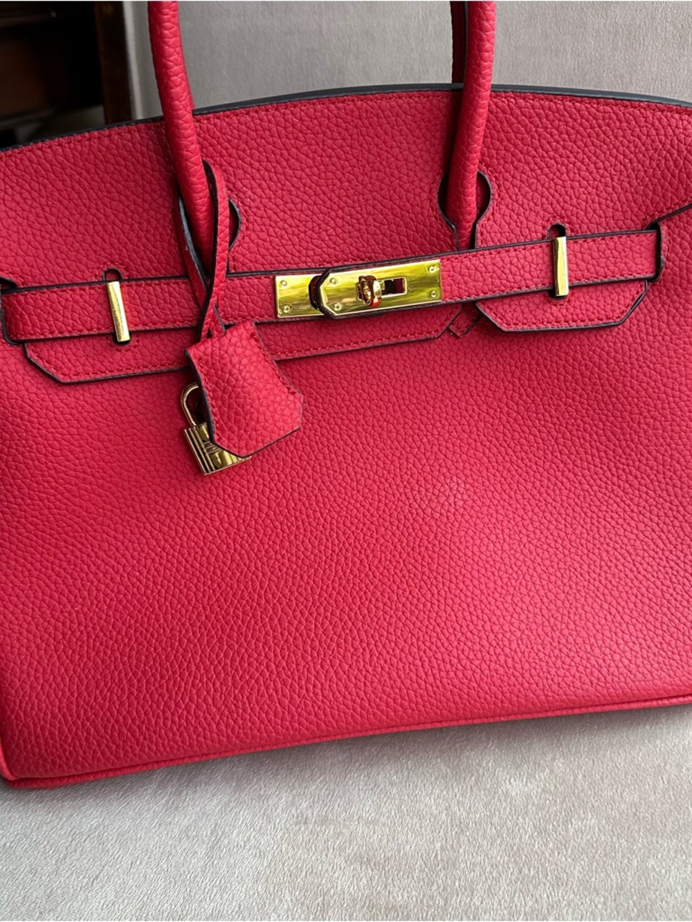 Red Structured Top Handle Bag | Gold Hardware | Statement Classic Style - Picture 9 of 13